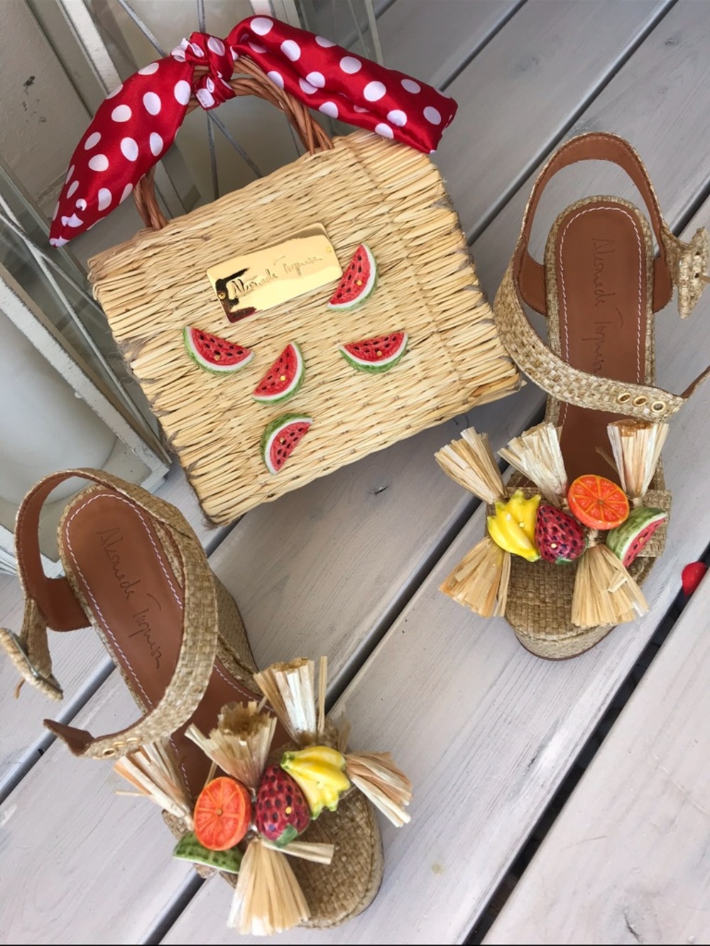 Alameda Turquesa Raffia Fruit Wedge Sandals 37 | Sicily Style Statement Heels
